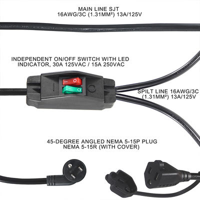 15A/125V Flat Plug Inline 1 Main Line 2 Sub Nema 515P 3Pin Y Tipo Splitter Cord di alimentazione con interruttore