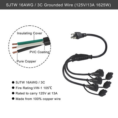 Certificato USA 6Ft 3 Pin Plug 515P To 3 Way Nema 515R Ac Extension Cord Three Prong Outlet Splitter