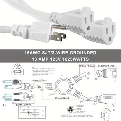 125V 13A Corde elettriche NEMA5-15P a NEMA 5-15R 1 a 2 Y Splitter SJT 16AWG 3 fili
