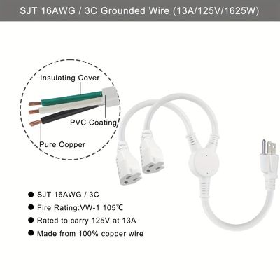 125V 13A Corde elettriche NEMA5-15P a NEMA 5-15R 1 a 2 Y Splitter SJT 16AWG 3 fili