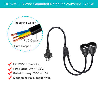 Australia Plug H05vv-f 3g 3*0.5mm2/0.75mm2 IEC Connector Power Cord con doppia femmina