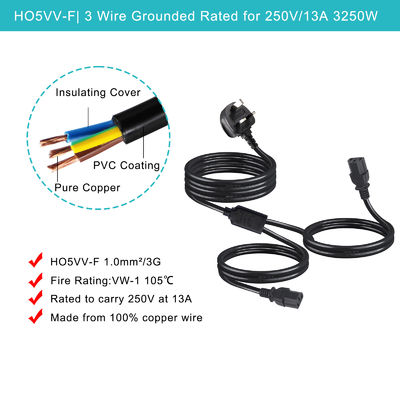 Adattatore UK C13 Y Splitter IEC Plug Estremità del cavo per prolunga esterna da 1 a 2 ciabatta