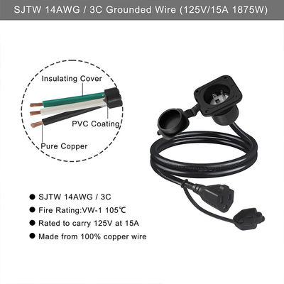 NEMA 5-15R Corde di alimentazione del convertitore impermeabile 1M 15A 125V