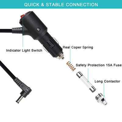 15A Fuse Cigarette Lighter Estensione verso l'angolo destro DC 2.1MM Jack Cigar Cable