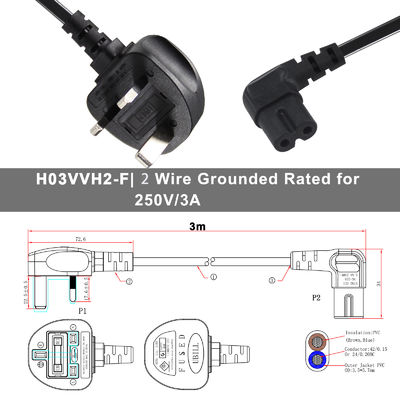 BS Computer Cable AC Right Angle C7 Standard Extension 3 Wire 10A 250V British Power Cord con giacca in PVC e IEC Female End Type