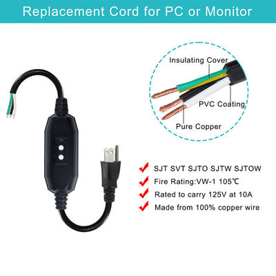 Industriale di grado pesante 18AWG NEMA 5-15P cavo di alimentazione con protezione RCD e estremità di filo nudo per macchine / elettrodomestici