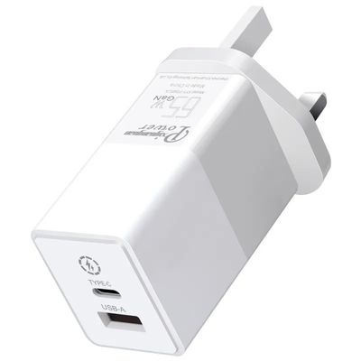 Caricabatterie da parete UK a 2 pin con porte USB-C e USB-A, adattatore di alimentazione a doppia porta ad alta velocità da 65 W per laptop/telefono/tablet