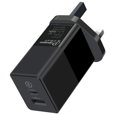 Caricabatterie da parete UK a 2 pin con porte USB-C e USB-A, adattatore di alimentazione a doppia porta ad alta velocità da 65 W per laptop/telefono/tablet