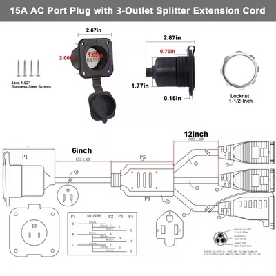NEMA 5-15P a 2x 5-15R Y Splitter Power Extension Cable- 2 prese, 125V/15A, UL elencato per uso interno