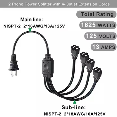 1-a-4 NEMA 1-15P Flat Plug Power Splitter - Spazio risparmiato 125V 15A Multi-Outlet Extension per casa/ufficio