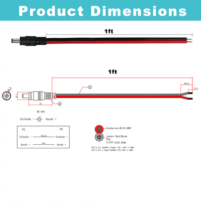 DC Male Plug to Tinned Wire Power Cable, 5.5x2.1mm or 5.5x2.5mm, 12V DC Power Adapter Cord for CCTV, LED, DIY
