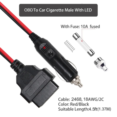 12V auto accenditore di sigarette innesco a OBD2 connettore cavo di alimentazione diagnostica con fusibile per scanner di codice per auto ECU