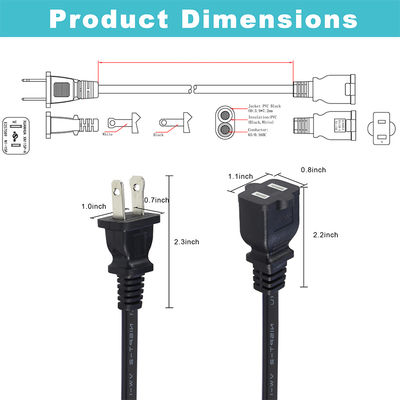 NEMA 1-15P to NEMA 1-15R Power Extension Cord 18AWG Black 2 Prong AC Cable for Appliance Office Equipment Lighting Electronics